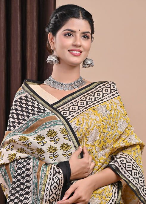 Floral Jaal Bagru Print Chanderi Silk Saree (CHSAR31)